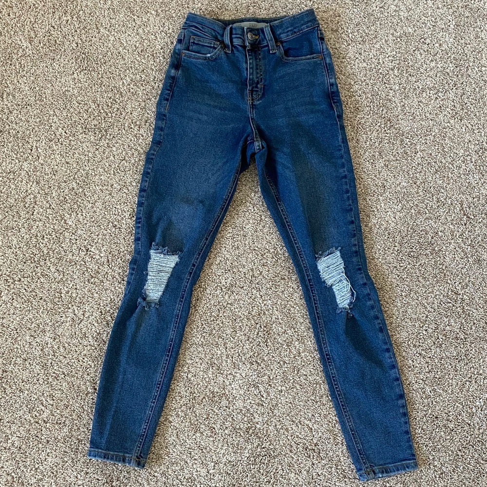 TOPSHOP Moto Jamie High Waist Ankle Grazer Blue Denim Distressed Jeans 25x30